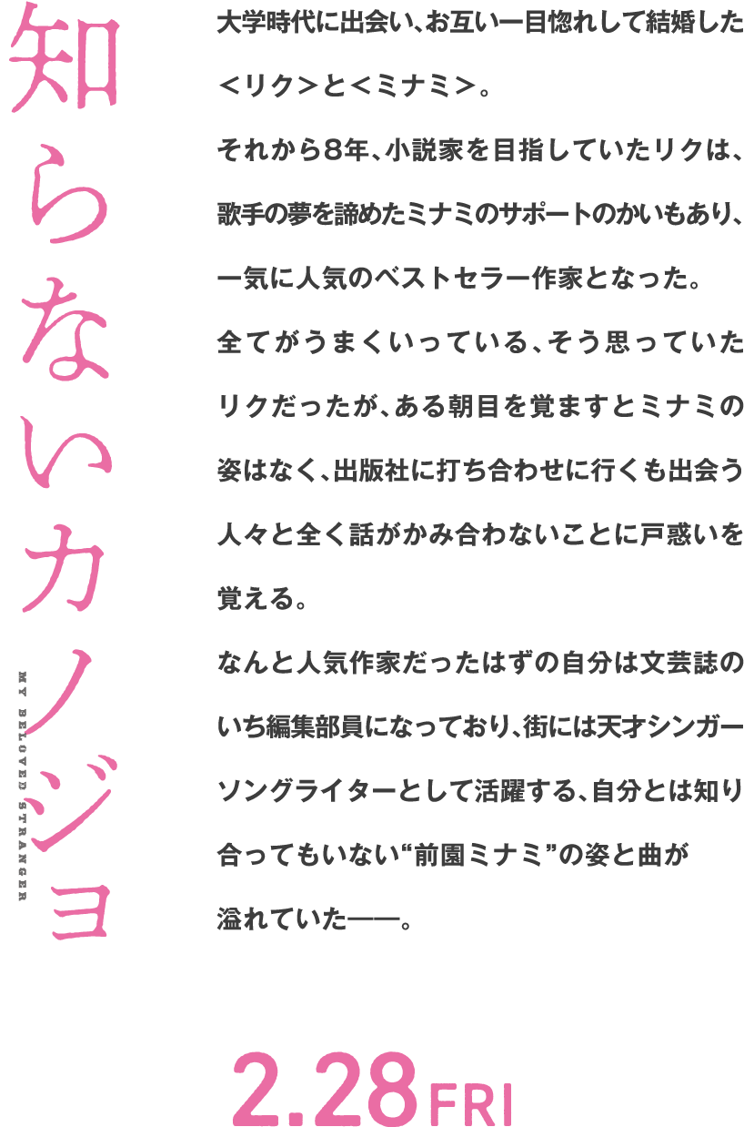 大学時代にお互いに一目惚れして結婚したリクとミナミ。小説家を目指していたリクは、ミナミのサポートもあって一躍人気ベストセラー作家になる。一方、歌手になる夢がままならぬミナミは、毎日仕事ばかりで忙しいリクとのすれ違いの生活に孤独を感じていた。そんなある日、リクの心ない一言がきっかけで二人は大喧嘩。翌朝リクが目を覚ますとミナミの姿はなく、なんと人気作家だったはずの自分は文芸誌の一編集部員になっており、街には自分とは知り合ってもいない天才シンガーソングライター〝前園ミナミ〟の姿と曲が溢れていた