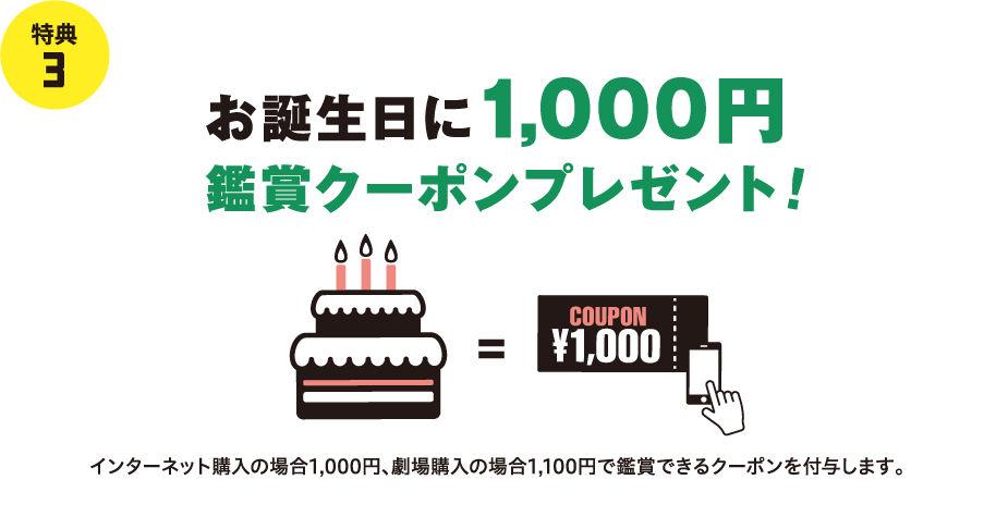 お誕生日に1,000円鑑賞クーポンプレゼント！インターネット購入の場合1,000円、劇場購入の場合1,100円で鑑賞できるクーポンを付与します。