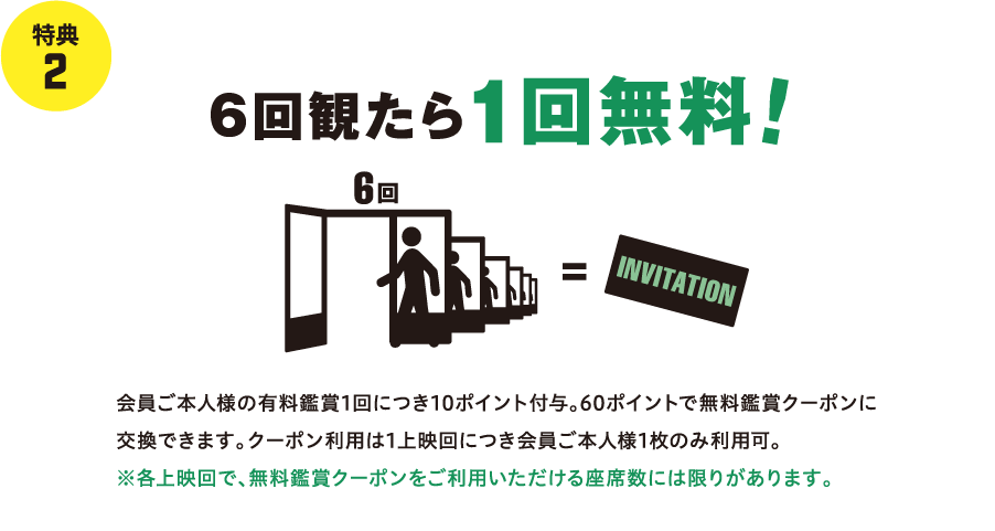 【特典２】6回観たら1回無料！会員ご本人様の有料鑑賞1回につき10ポイント付与。60ポイントで無料鑑賞クーポンに交換できます。クーポン利用は1上映回につき会員ご本人様1枚のみ利用可。※各上映回で、無料鑑賞クーポンをご利用いただける座席数には限りがあります。