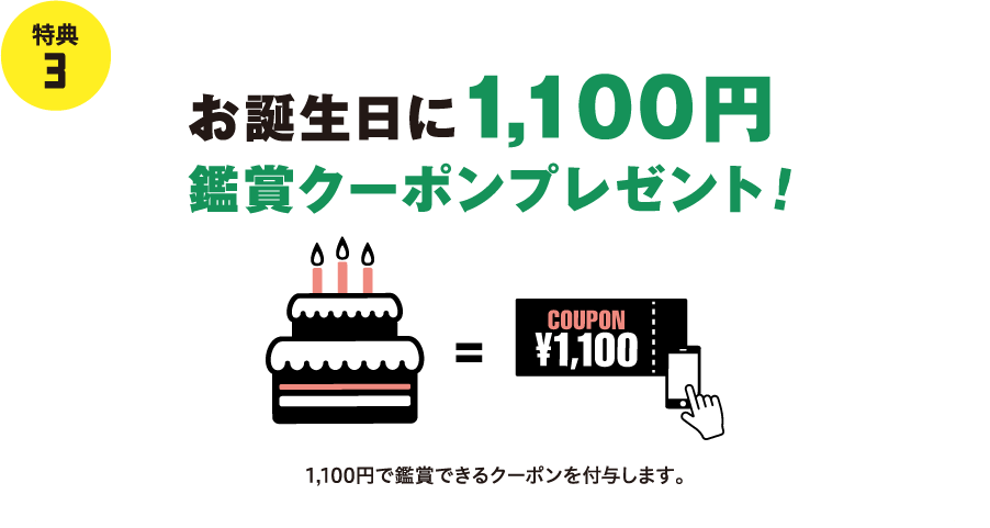 【特典３】お誕生日に1,100円鑑賞クーポンプレゼント！1,100円で鑑賞できるクーポンを付与します。